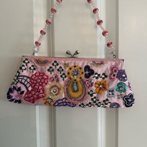 Steve Madden Pink Embroidered Clutch with Beaded Handle